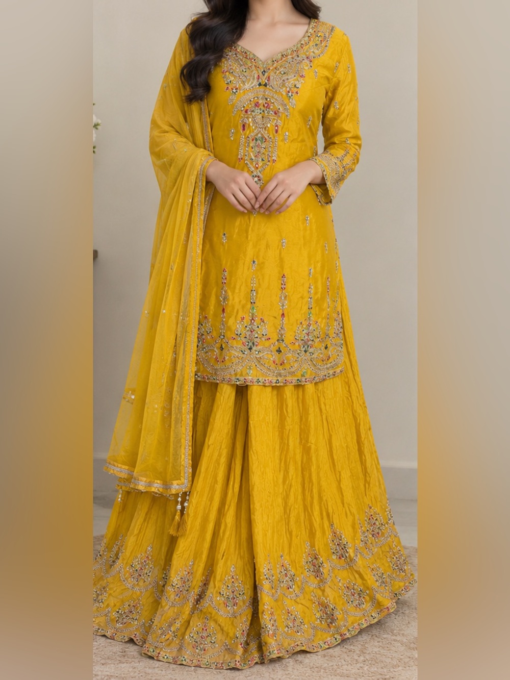 Yellow Sharara Kurta multi color thread work net duppatta. Haldi event outfit M